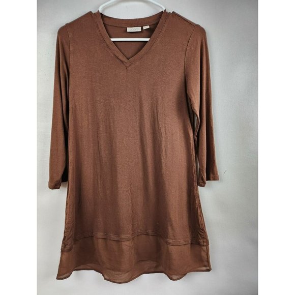LOGO by Lori Goldstein Tops - LOGO Lori Goldstein Brown Chiffon Hem 3/4 Sleeve V-Neck Tunic Top Size XS